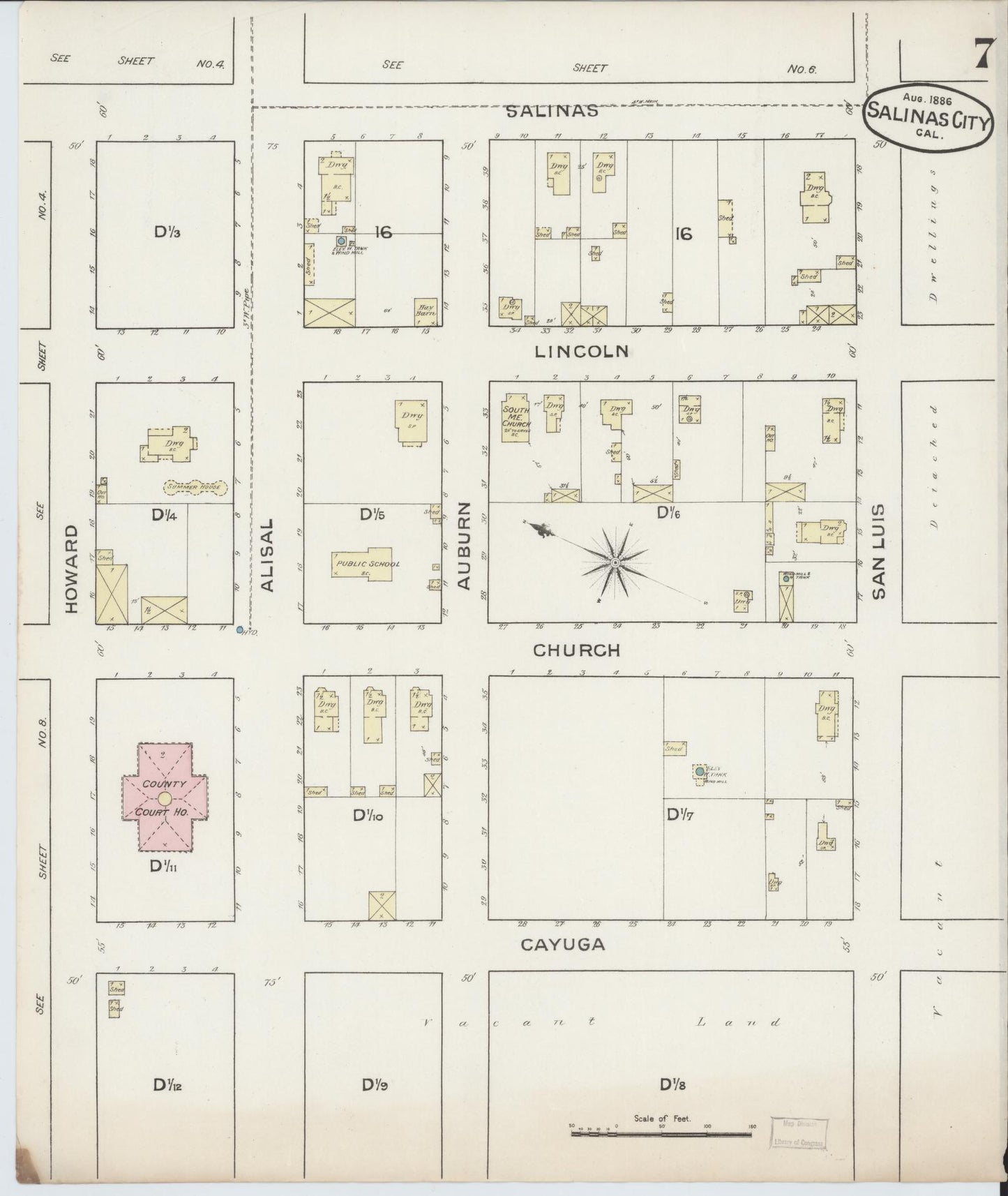 Sanborn Fire Insurance Map from Salinas, Monterey County, California (1886), Sheet #0007 - Complete Map Set gallery image, historic Sanborn map, vintage wall art, California California
