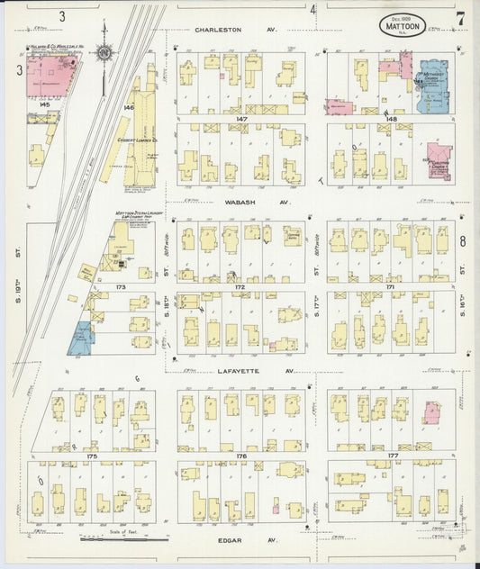 Sanborn Fire Insurance Map from Mattoon, Coles County, Illinois (1909), Sheet #0007 - Historic Sanborn Fire Insurance Map Print, vintage old map wall art, antique decor, genealogy gift, Illinois Illinois map