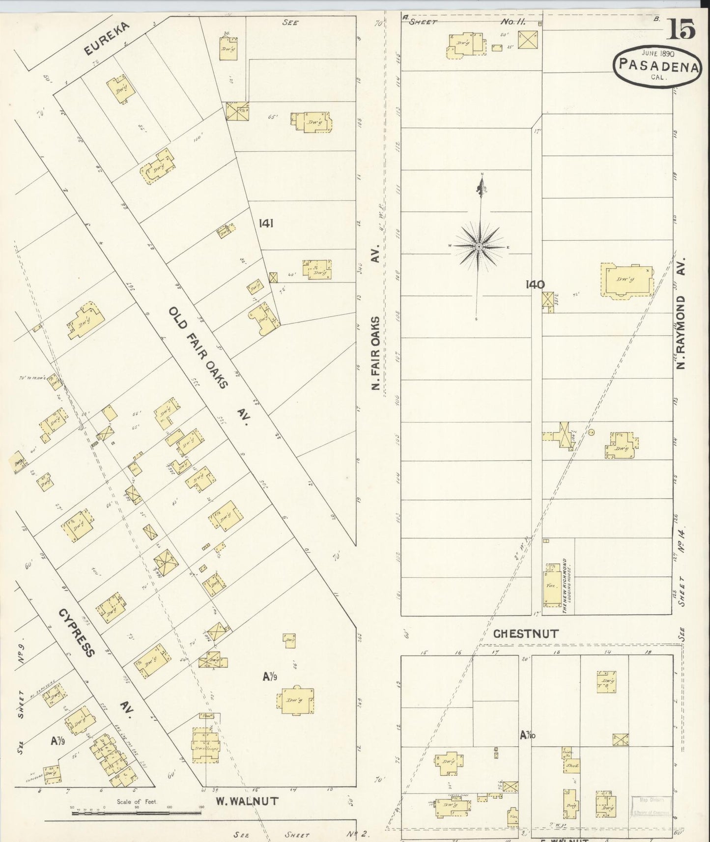 Sanborn Fire Insurance Map from Pasadena, Los Angeles County, California (1890), Sheet #0015 - Complete Map Set gallery image, historic Sanborn map, vintage wall art, California California