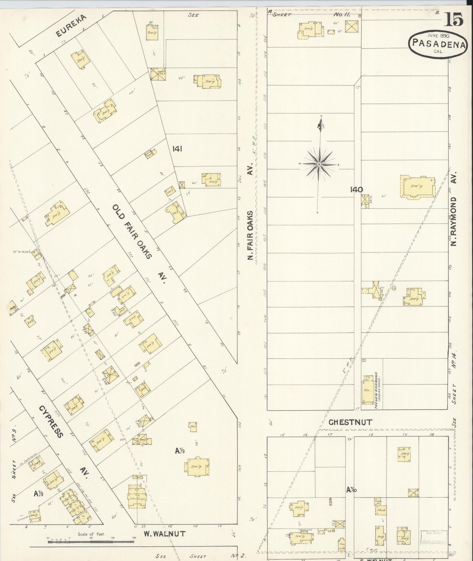 Sanborn Fire Insurance Map from Pasadena, Los Angeles County, California (1890), Sheet #0015 - Complete Map Set gallery image, historic Sanborn map, vintage wall art, California California