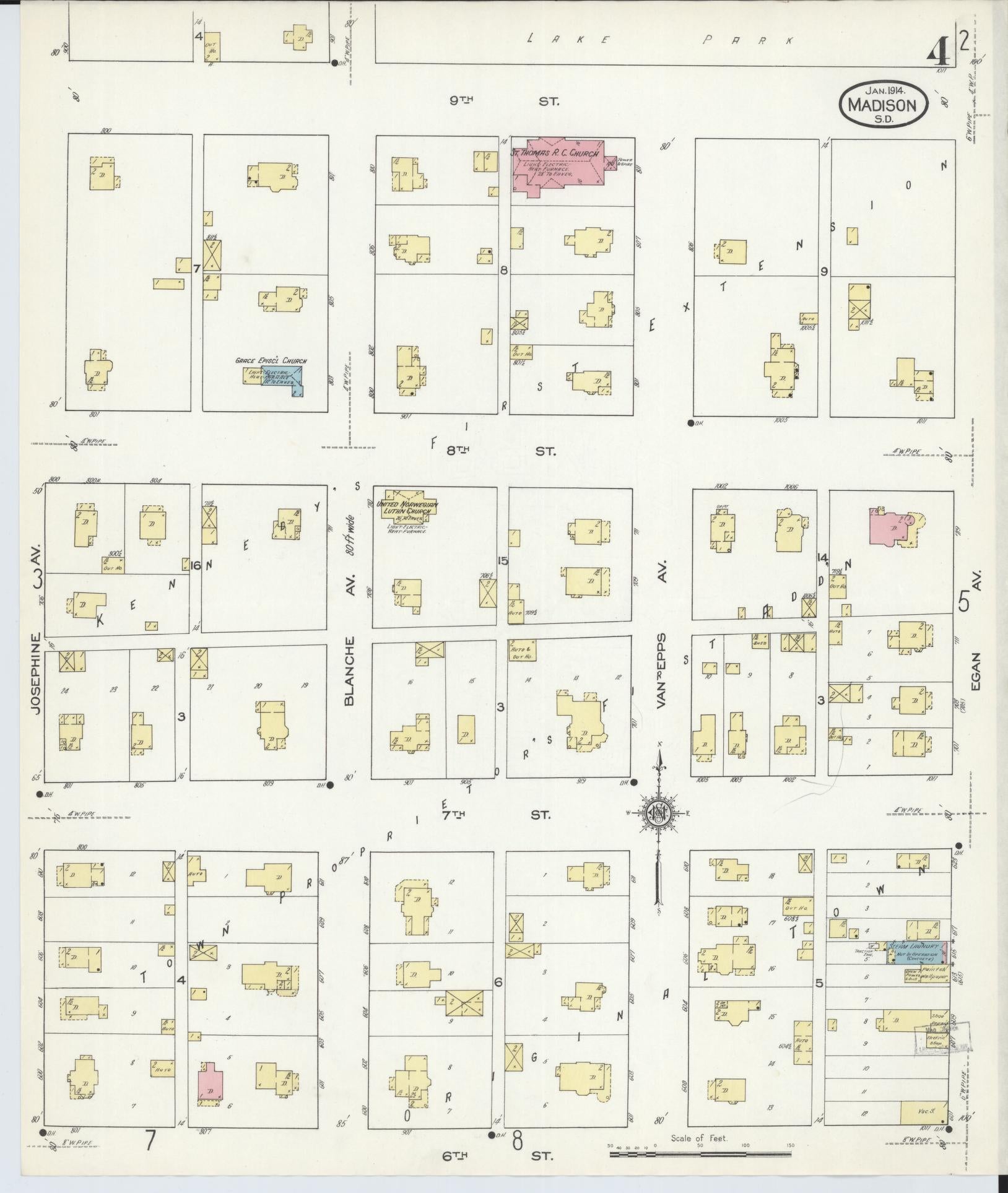 Sanborn Fire Insurance Map from Madison, Lake County, South Dakota (1914), Sheet #0004 - Historic Sanborn Fire Insurance Map Print, vintage old map wall art, antique decor, genealogy gift, South Dakota South Dakota map