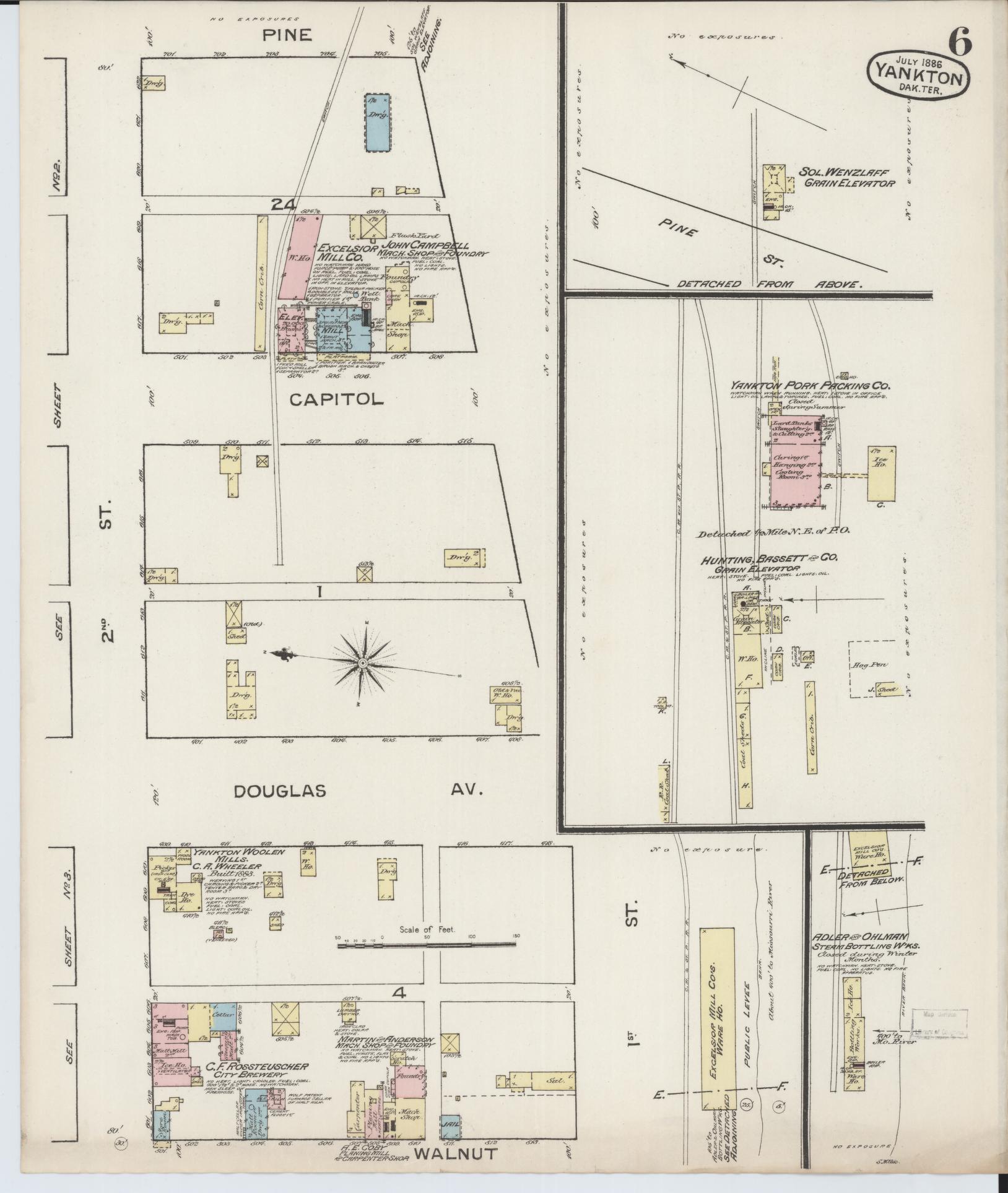 Sanborn Fire Insurance Map from Yankton, Yankton County, South Dakota (1886), Sheet #0006 - Historic Sanborn Fire Insurance Map Print, vintage old map wall art, antique decor, genealogy gift, South Dakota South Dakota map