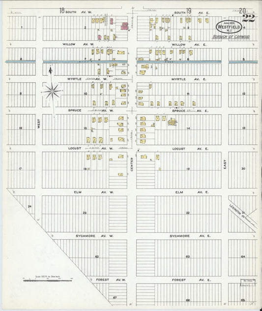 Sanborn Fire Insurance Map from Westfield, Union County, New Jersey (1909), Sheet #0022 - Historic Sanborn Fire Insurance Map Print, vintage old map wall art, antique decor, genealogy gift, New Jersey New Jersey map