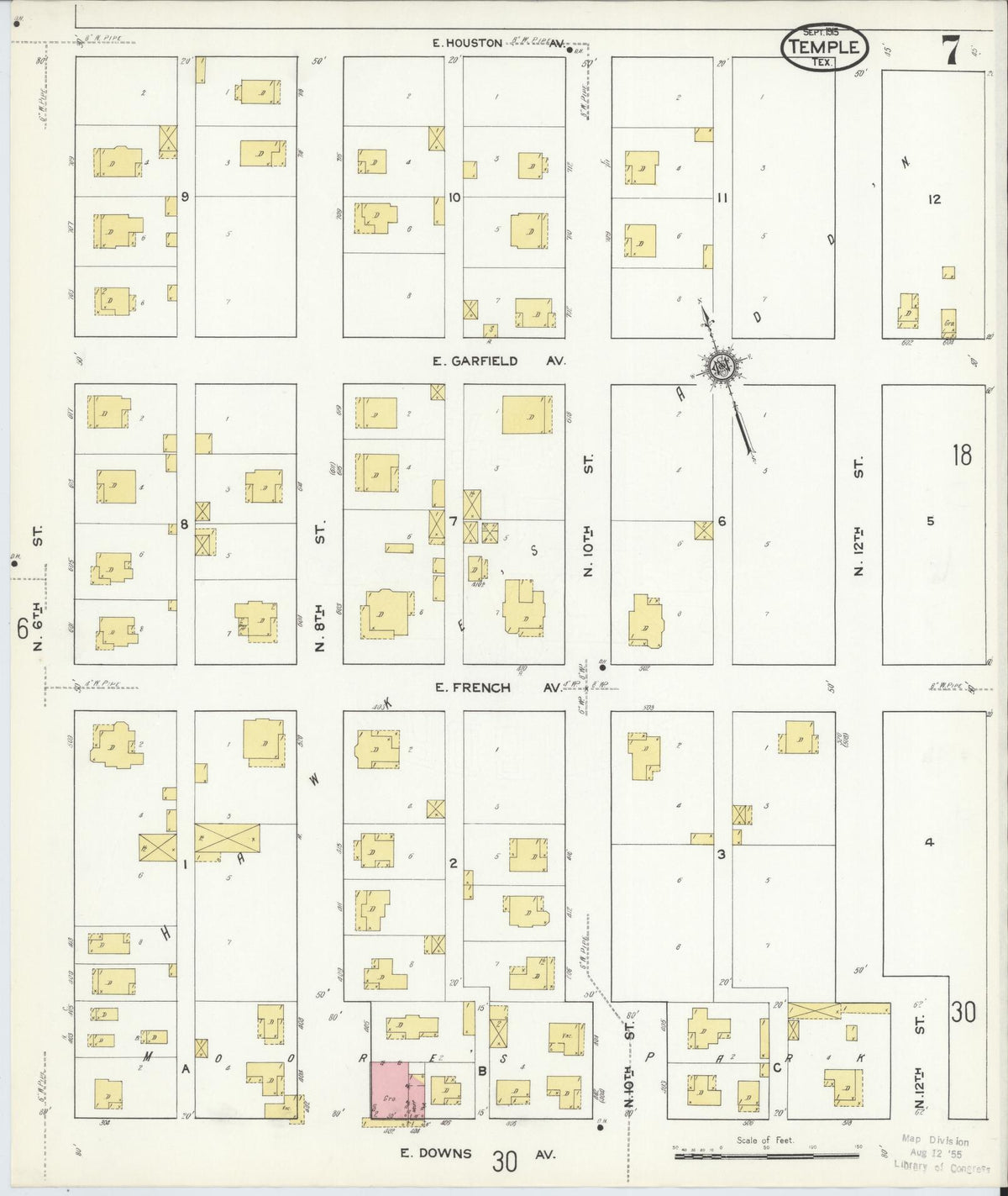 Sanborn Fire Insurance Map from Temple, Bell County, Texas (1915), Sheet #0007 - Historic Sanborn Fire Insurance Map Print, vintage old map wall art, antique decor, genealogy gift, Texas Texas map