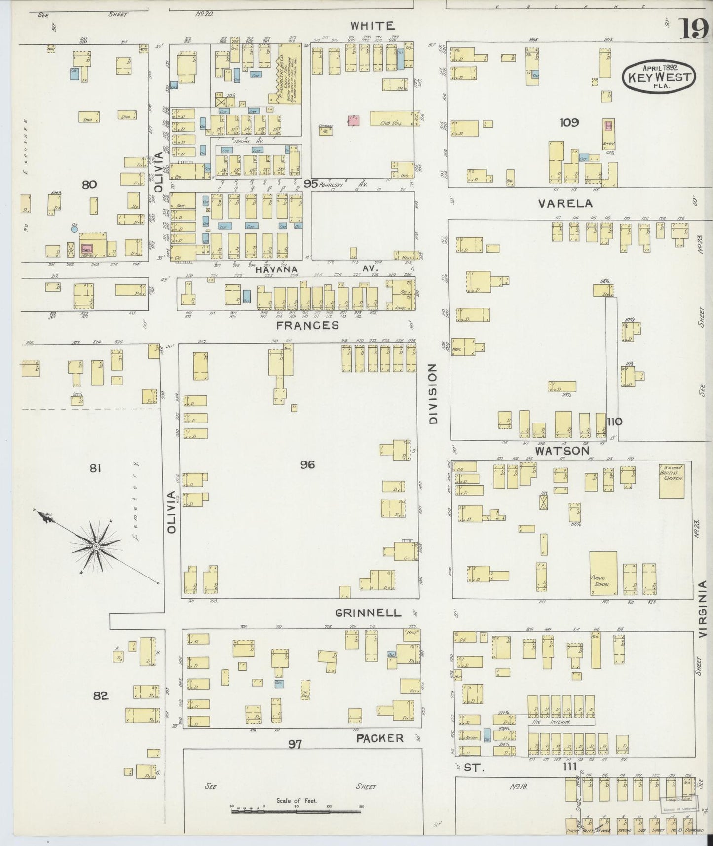 Sanborn Fire Insurance Map from Key West, Monroe County, Florida (1892), Sheet #0019 - Complete Map Set gallery image, historic Sanborn map, vintage wall art, Florida Florida