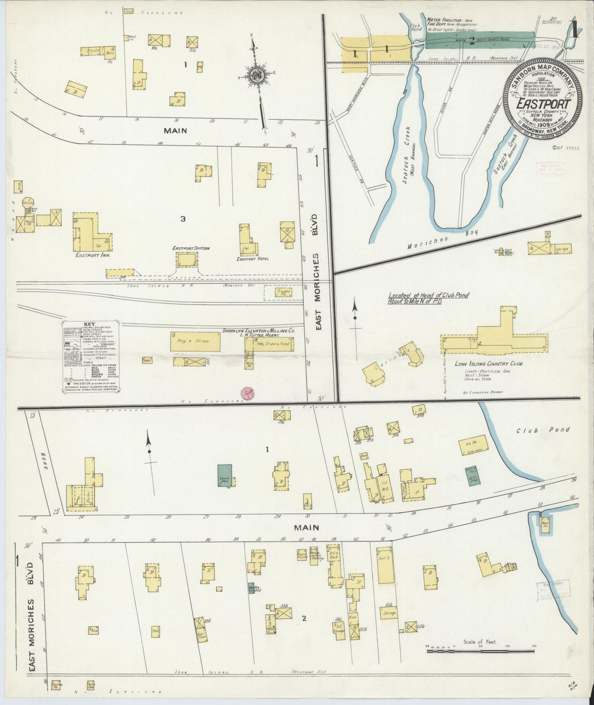Sanborn Fire Insurance Map from Eastport, Suffolk County, New York (1909), Sheet #0001 - Historic Sanborn Fire Insurance Map Print, vintage old map wall art, antique decor, genealogy gift, New York New York map