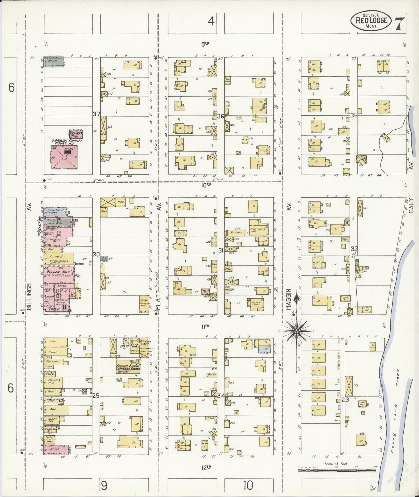 Sanborn Fire Insurance Map from Red Lodge, Carbon County, Montana (1907), Sheet #0007 - Historic Sanborn Fire Insurance Map Print, vintage old map wall art, antique decor, genealogy gift, Montana Montana map