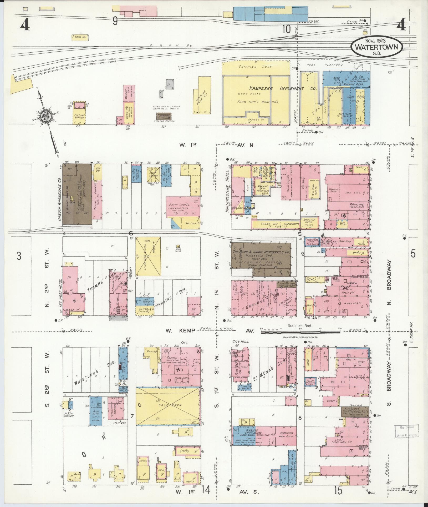Sanborn Fire Insurance Map from Watertown, Codington County, South Dakota (1923), Sheet #0004 - Complete Map Set gallery image, historic Sanborn map, vintage wall art, South Dakota South Dakota