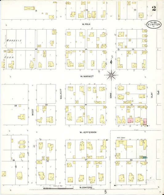 Sanborn Fire Insurance Map from Vinton, Benton County, Iowa (1906), Sheet #0002 - Historic Sanborn Fire Insurance Map Print, vintage old map wall art