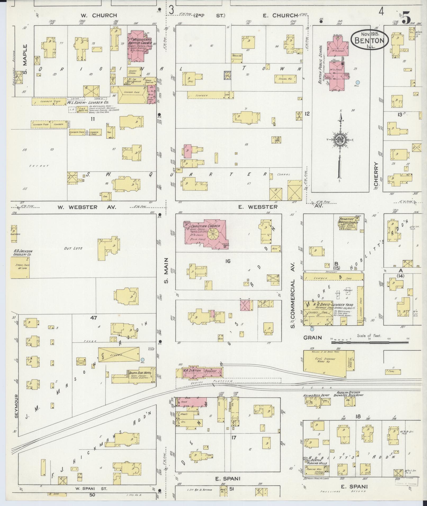 Sanborn Fire Insurance Map from Benton, Franklin County, Illinois (1915), Sheet #0005 - Historic Sanborn Fire Insurance Map Print, vintage old map wall art, antique decor, genealogy gift, Illinois Illinois map