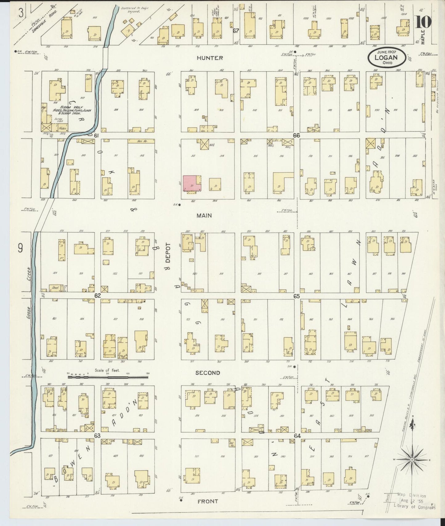 Sanborn Fire Insurance Map from Logan, Hocking County, Ohio (1907), Sheet #0010 - Historic Sanborn Fire Insurance Map Print, vintage old map wall art, antique decor, genealogy gift, Ohio Ohio map
