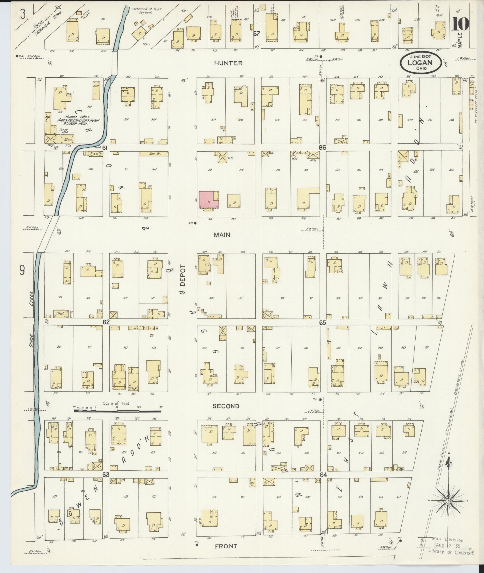 Sanborn Fire Insurance Map from Logan, Hocking County, Ohio (1907), Sheet #0010 - Historic Sanborn Fire Insurance Map Print, vintage old map wall art, antique decor, genealogy gift, Ohio Ohio map