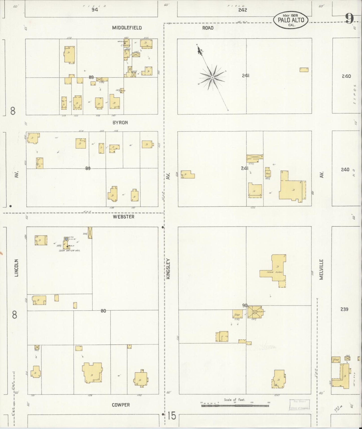 Sanborn Fire Insurance Map from Palo Alto, Santa Clara County, California (1908), Sheet #0009 - Complete Map Set gallery image, historic Sanborn map, vintage wall art, California California