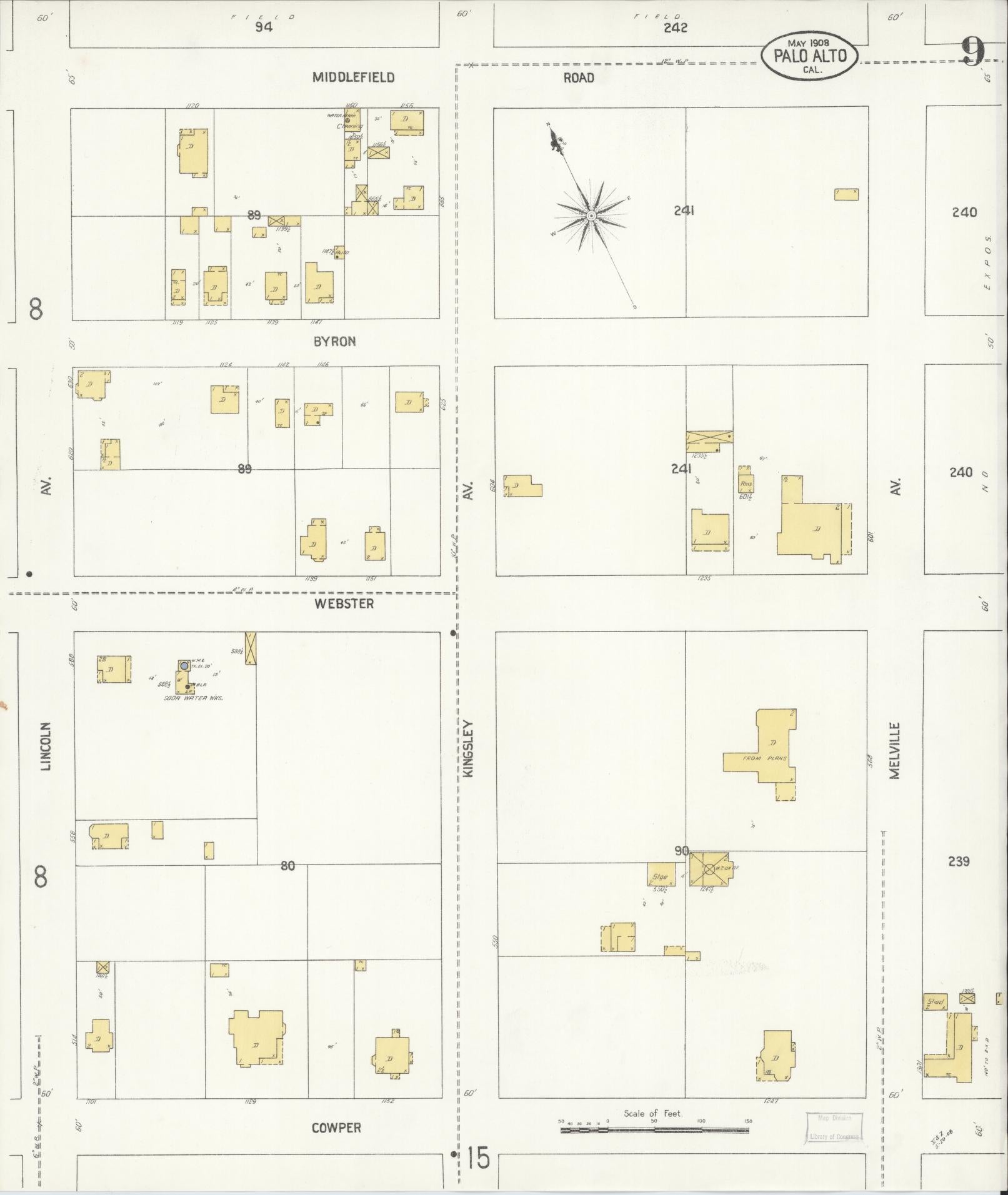 Sanborn Fire Insurance Map from Palo Alto, Santa Clara County, California (1908), Sheet #0009 - Complete Map Set gallery image, historic Sanborn map, vintage wall art, California California