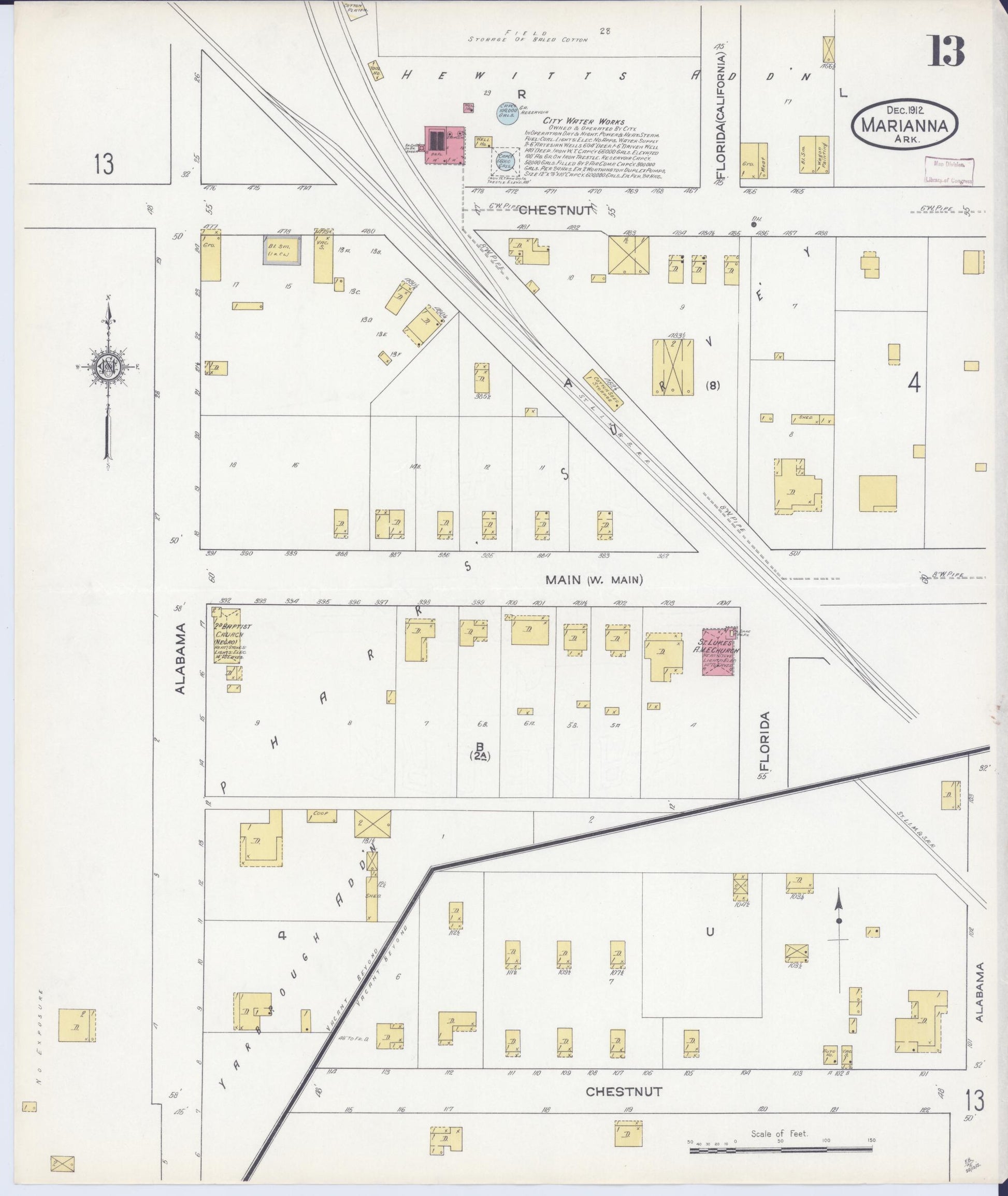 Sanborn Fire Insurance Map from Marianna, Lee County, Arkansas (1912), Sheet #0013 - Historic Sanborn Fire Insurance Map Print, vintage old map wall art, antique decor, genealogy gift, Arkansas Arkansas map