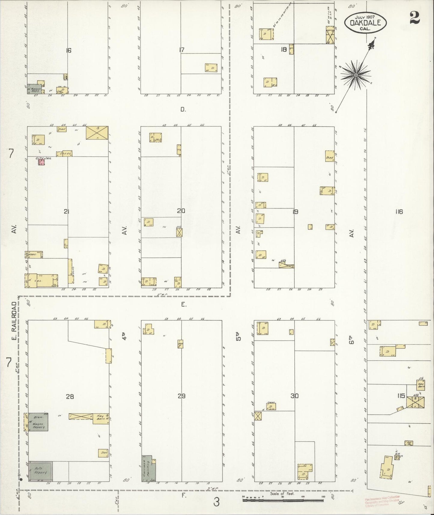 Sanborn Fire Insurance Map from Oakdale, Stanislaus County, California (1907), Sheet #0002 - Complete Map Set gallery image, historic Sanborn map, vintage wall art, California California