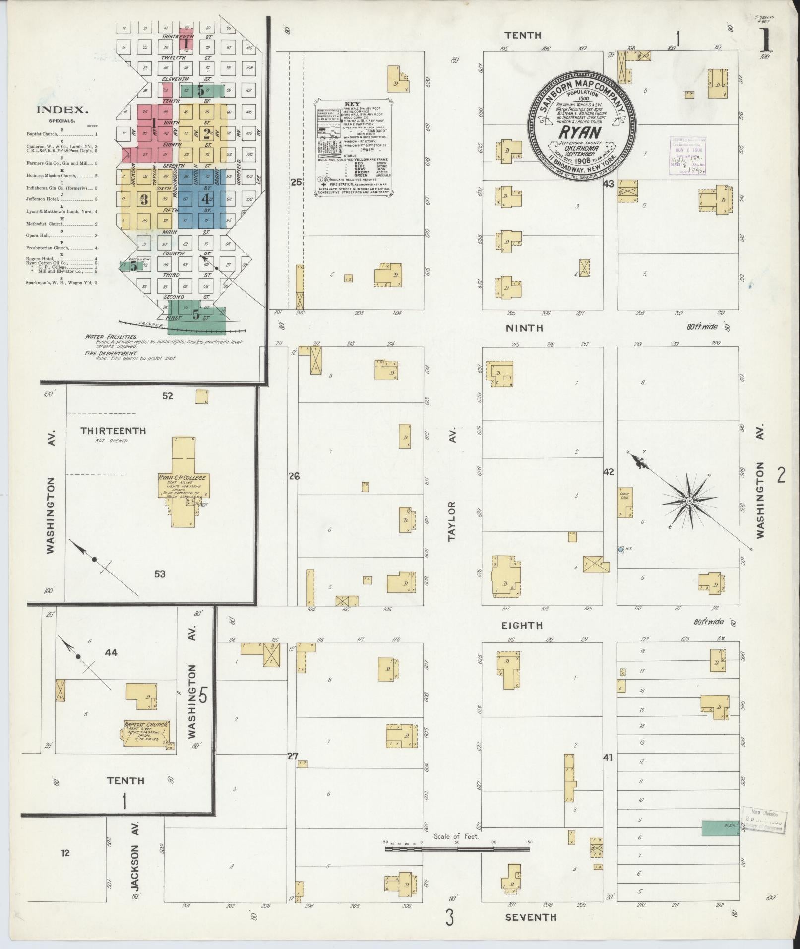 Sanborn Fire Insurance Map from Ryan, Jefferson County, Oklahoma (1908), Sheet #0001 - Historic Sanborn Fire Insurance Map Print, vintage old map wall art, antique decor, genealogy gift, Oklahoma Oklahoma map