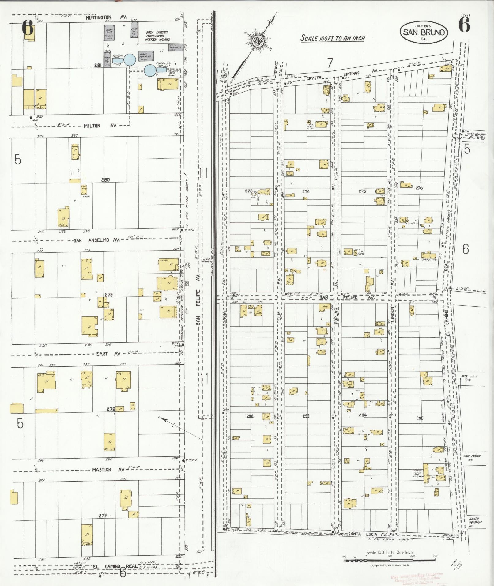 Sanborn Fire Insurance Map from San Bruno, San Mateo County, California (1925), Sheet #0006 - Complete Map Set gallery image, historic Sanborn map, vintage wall art, California California