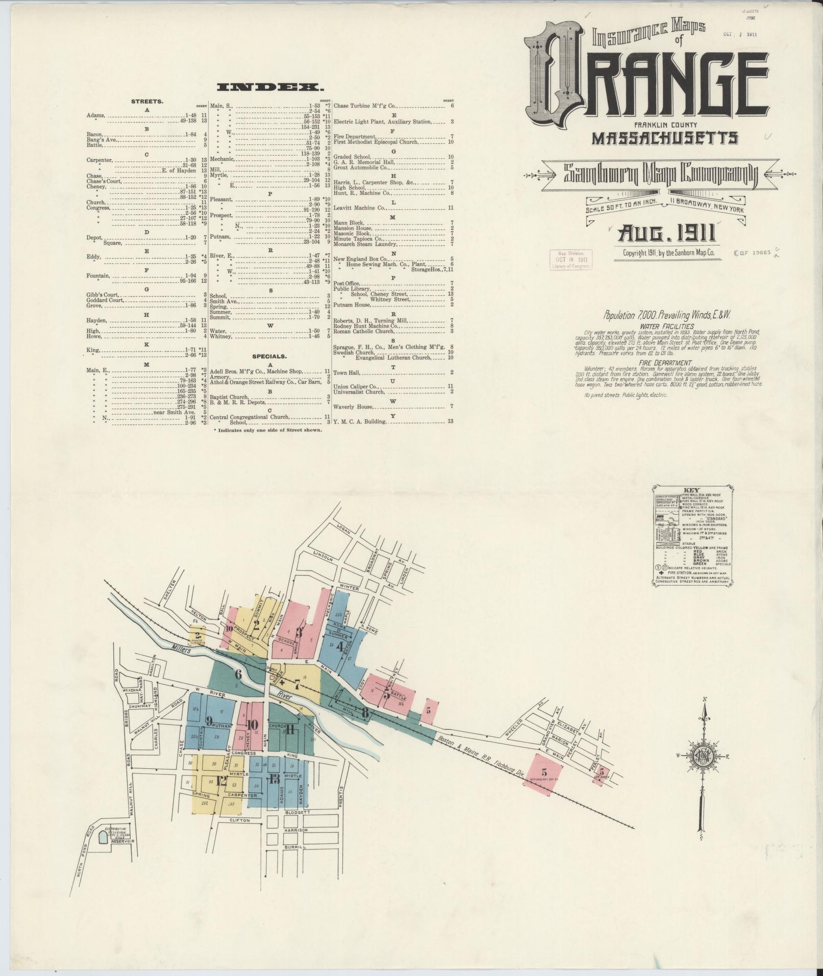 Sanborn Fire Insurance Map from Orange, Franklin County, Massachusetts (1911), Sheet #0001 - Complete Map Set gallery image, historic Sanborn map, vintage wall art, Massachusetts Massachusetts