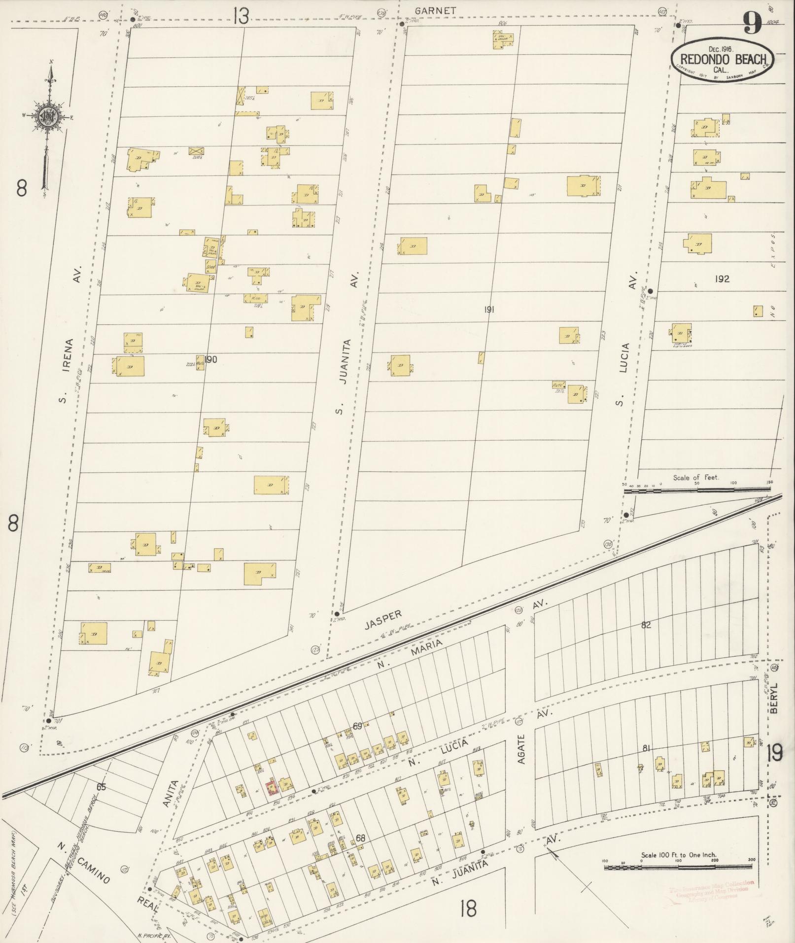 Sanborn Fire Insurance Map from Redondo Beach, Los Angeles County, California (1916), Sheet #0009 - Complete Map Set gallery image, historic Sanborn map, vintage wall art, California California