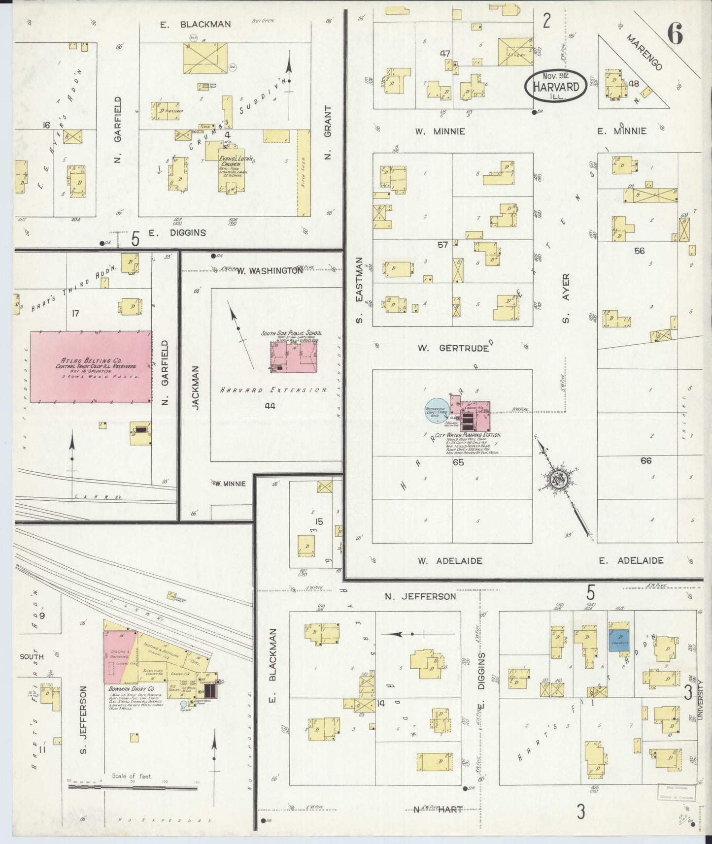 Sanborn Fire Insurance Map from Harvard, McHenry County, Illinois (1912), Sheet #0006 - Historic Sanborn Fire Insurance Map Print, vintage old map wall art, antique decor, genealogy gift, Illinois Illinois map