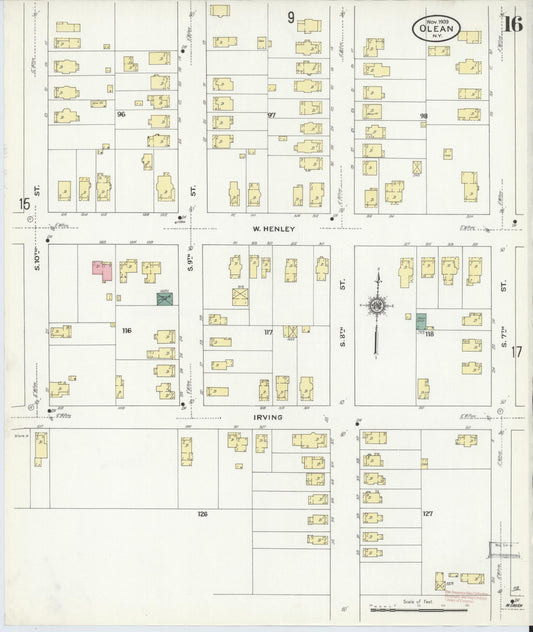 Sanborn Fire Insurance Map from Olean, Cattaraugus County, New York (1909), Sheet #0016 - Historic Sanborn Fire Insurance Map Print, vintage old map wall art, antique decor, genealogy gift, New York New York map