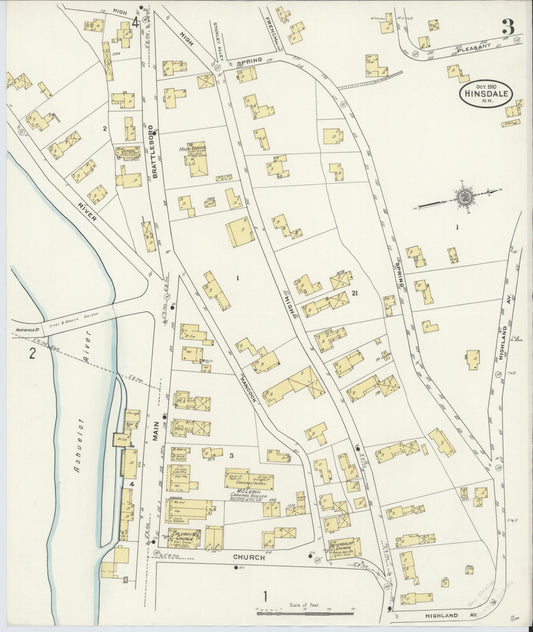Sanborn Fire Insurance Map from Hinsdale, Cheshire County, New Hampshire (1910), Sheet #0003 - Historic Sanborn Fire Insurance Map Print, vintage old map wall art, antique decor, genealogy gift, New Hampshire New Hampshire map