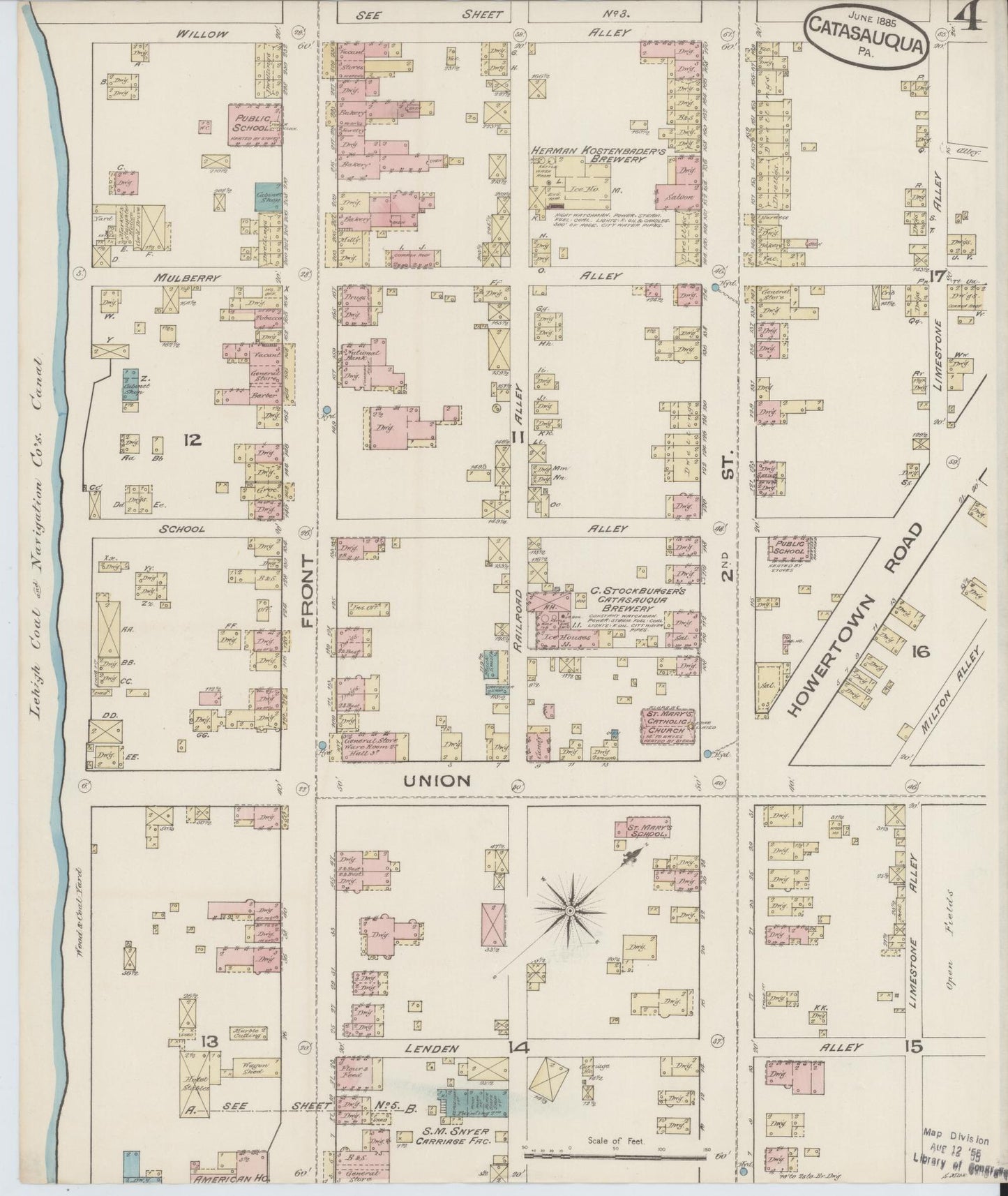 Sanborn Fire Insurance Map from Catasauqua, Lehigh County, Pennsylvania (1885), Sheet #0004 - Historic Sanborn Fire Insurance Map Print, vintage old map wall art, antique decor, genealogy gift, Pennsylvania Pennsylvania map