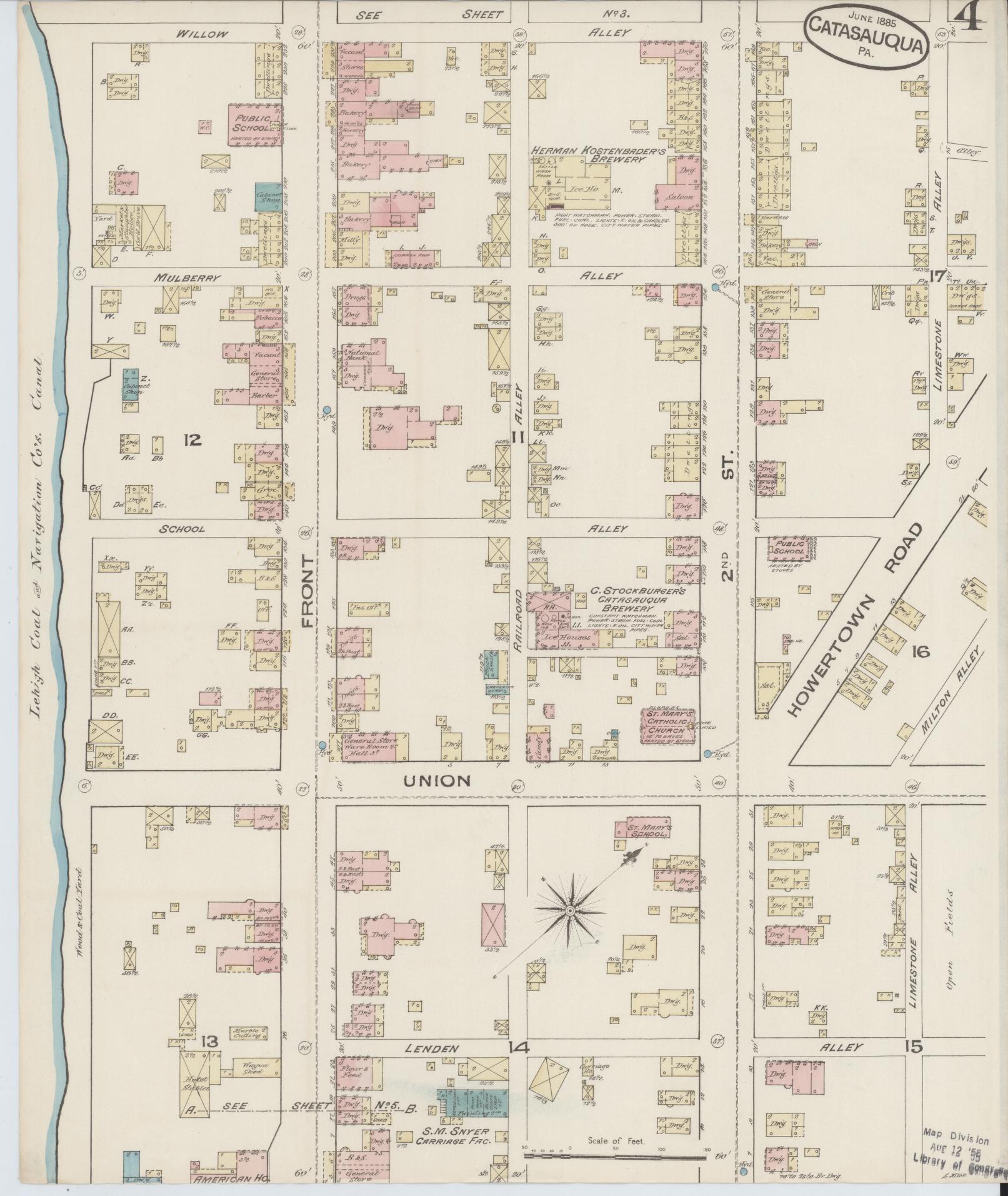 Sanborn Fire Insurance Map from Catasauqua, Lehigh County, Pennsylvania (1885), Sheet #0004 - Historic Sanborn Fire Insurance Map Print, vintage old map wall art, antique decor, genealogy gift, Pennsylvania Pennsylvania map