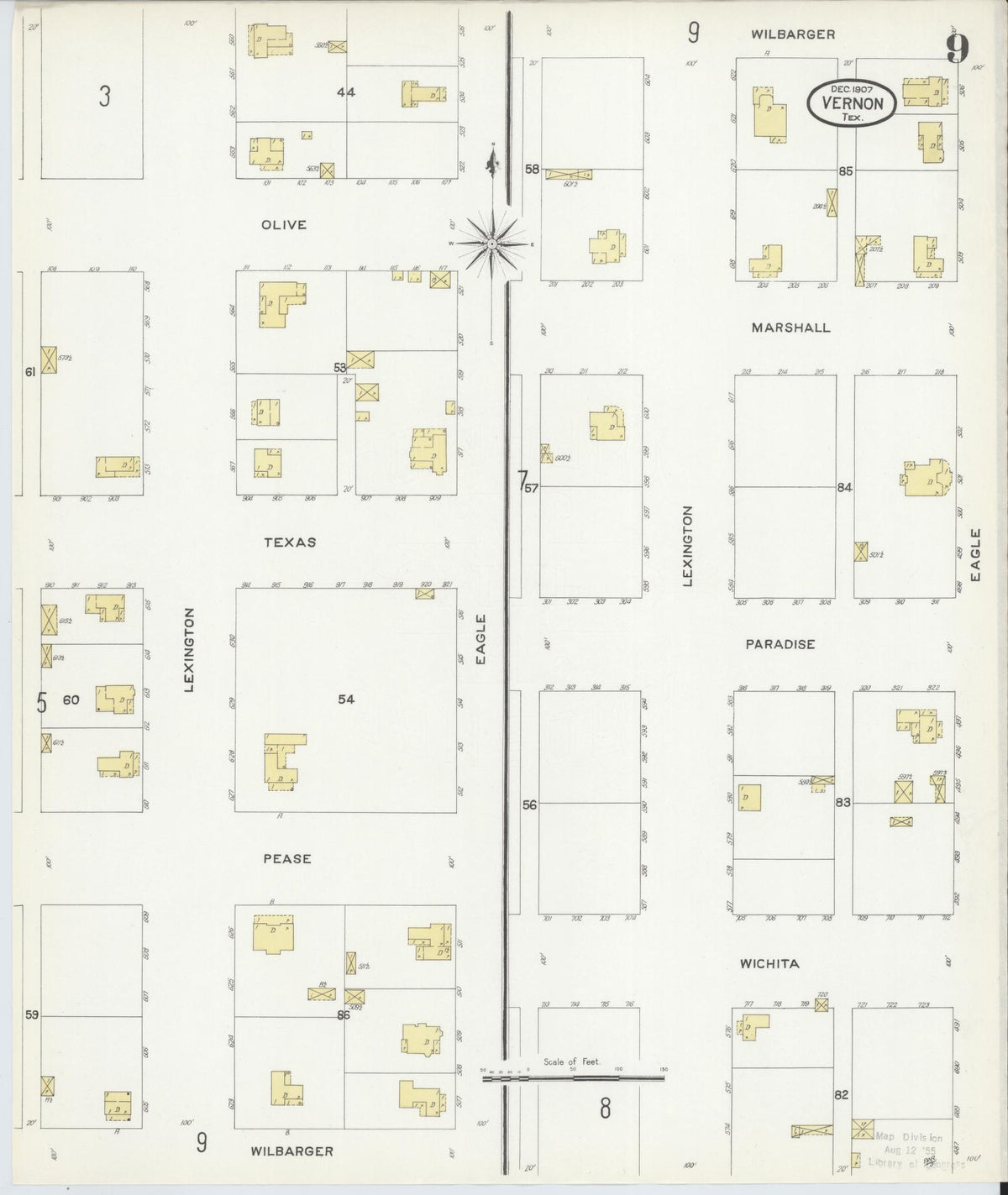 Sanborn Fire Insurance Map from Vernon, Wilbarger County, Texas (1907), Sheet #0009 - Complete Map Set gallery image, historic Sanborn map, vintage wall art, Texas Texas