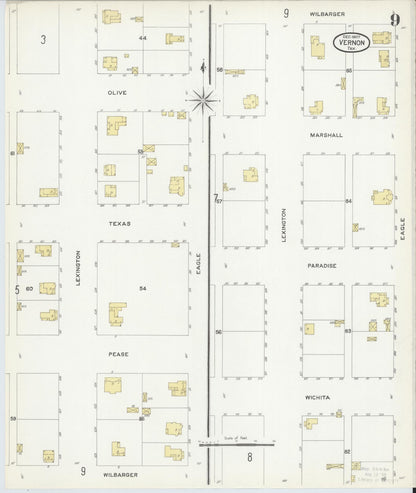 Sanborn Fire Insurance Map from Vernon, Wilbarger County, Texas (1907), Sheet #0009 - Complete Map Set gallery image, historic Sanborn map, vintage wall art, Texas Texas