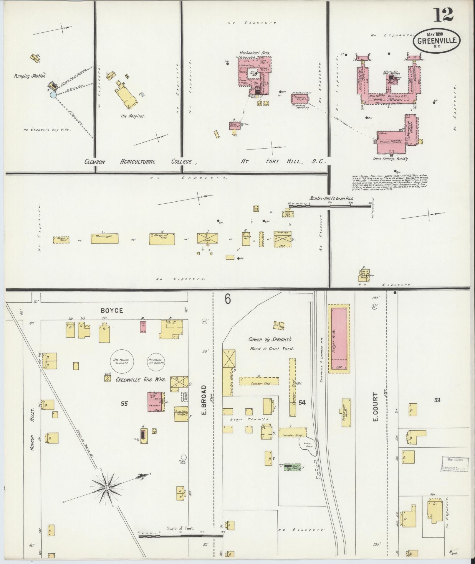 Sanborn Fire Insurance Map from Greenville, Greenville County, South Carolina (1898), Sheet #0012 - Historic Sanborn Fire Insurance Map Print, vintage old map wall art, antique decor, genealogy gift, South Carolina South Carolina map