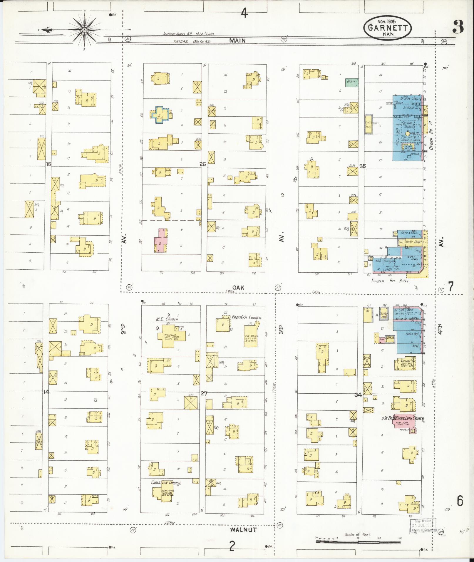 Sanborn Fire Insurance Map from Garnett, Anderson County, Kansas (1905), Sheet #0003 - Historic Sanborn Fire Insurance Map Print, vintage old map wall art, antique decor, genealogy gift, Kansas Kansas map