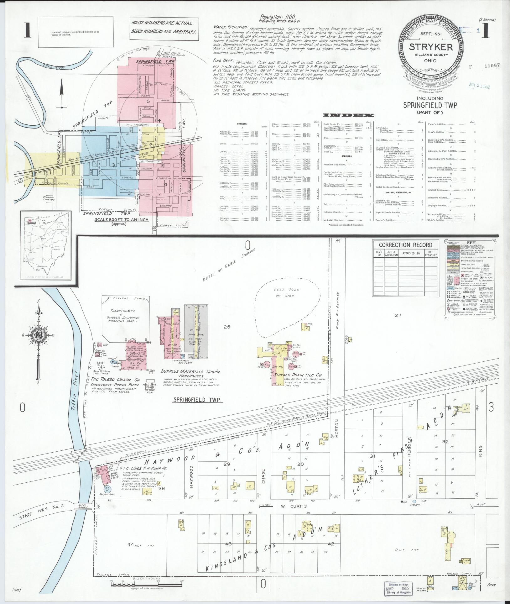 Sanborn Fire Insurance Map from Stryker, Williams County, Ohio (1951), Sheet #0001 - Historic Sanborn Fire Insurance Map Print, vintage old map wall art, antique decor, genealogy gift, Ohio Ohio map