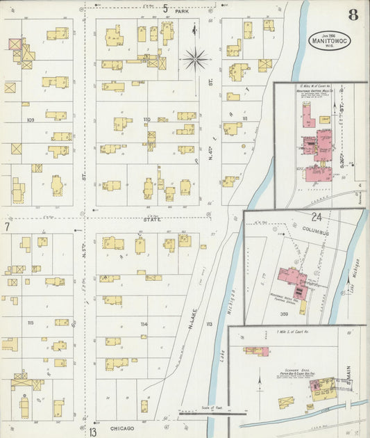 Sanborn Fire Insurance Map from Manitowoc, Manitowoc County, Wisconsin (1906), Sheet #0008 - Historic Sanborn Fire Insurance Map Print, vintage old map wall art, antique decor, genealogy gift, Wisconsin Wisconsin map