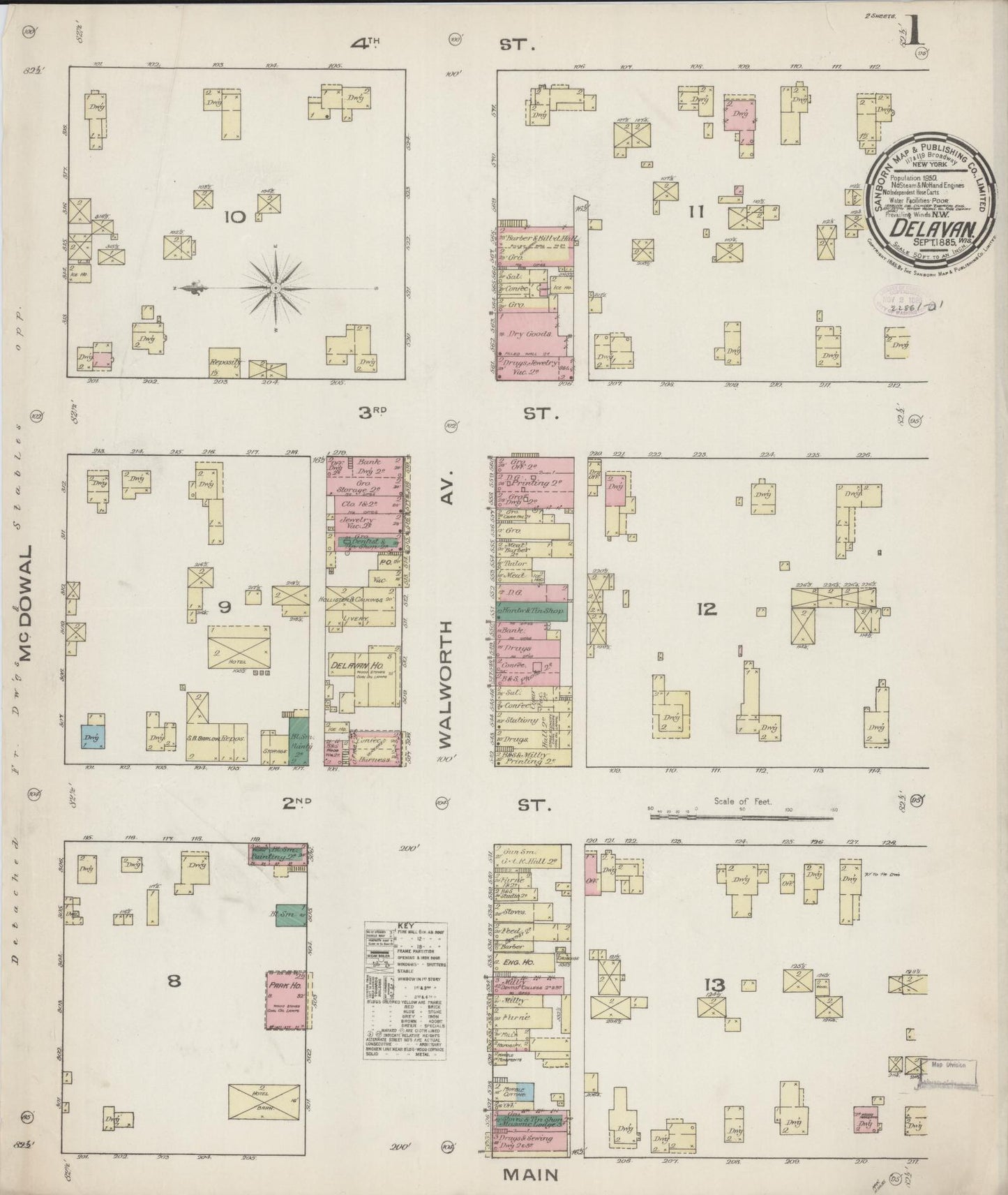 Sanborn Fire Insurance Map from Delavan, Walworth County, Wisconsin (1885), Sheet #0001 - Complete Map Set gallery image, historic Sanborn map, vintage wall art, Wisconsin Wisconsin