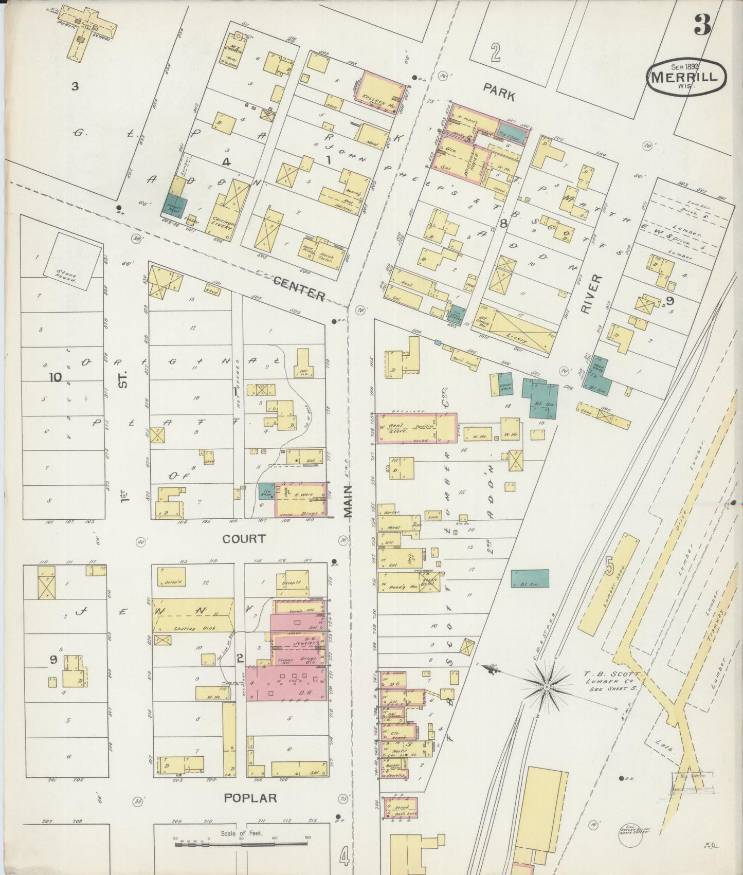 Sanborn Fire Insurance Map from Merrill, Lincoln County, Wisconsin (1892), Sheet #0003 - Historic Sanborn Fire Insurance Map Print, vintage old map wall art, antique decor, genealogy gift, Wisconsin Wisconsin map