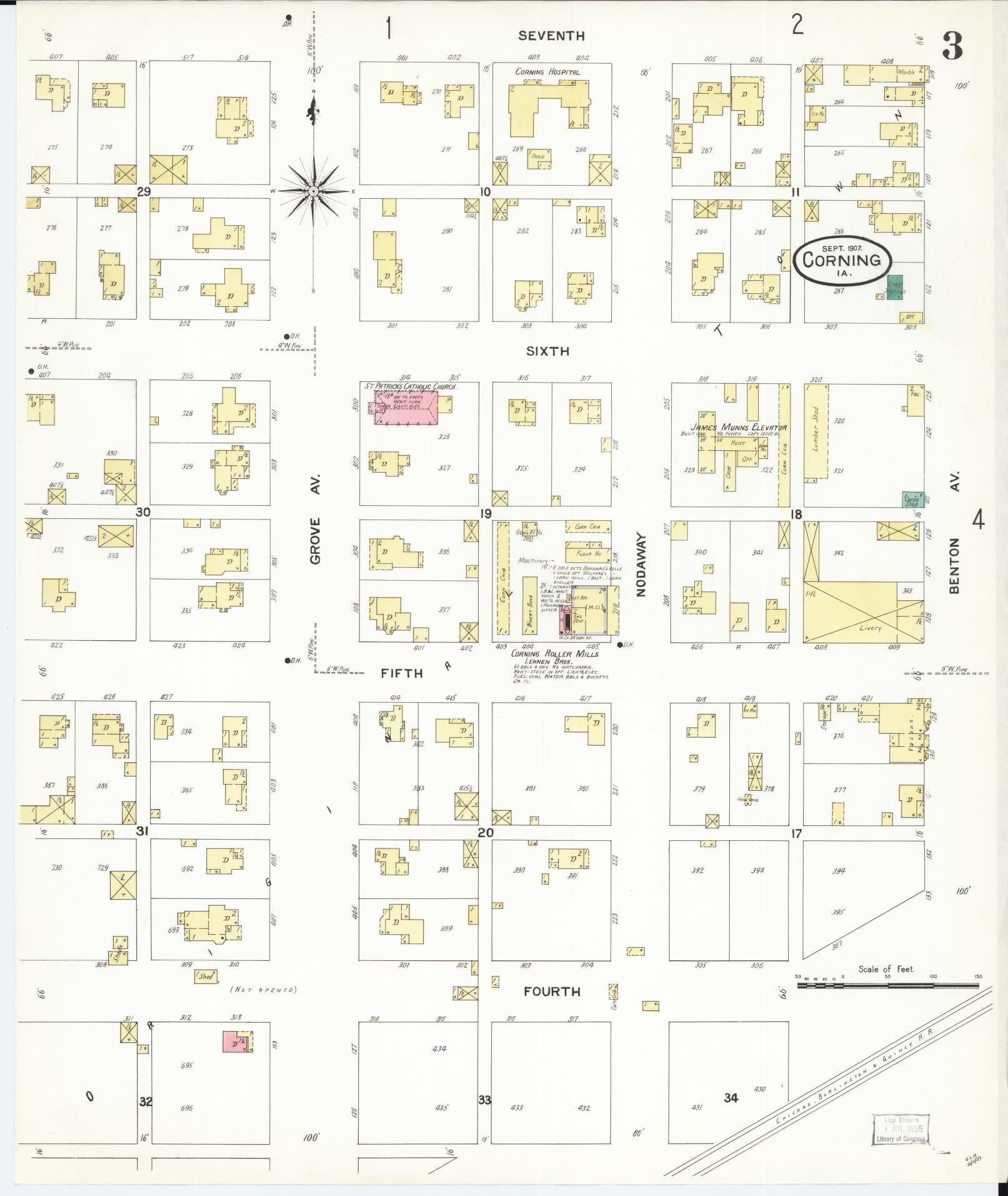 Sanborn Fire Insurance Map from Corning, Adams County, Iowa (1907), Sheet #0003 - Historic Sanborn Fire Insurance Map Print, vintage old map wall art