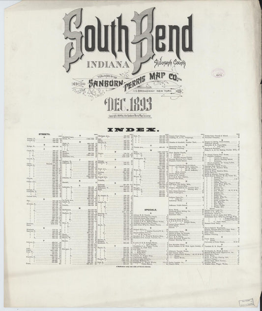 Sanborn Fire Insurance Map from South Bend, Saint Joseph County, Indiana (1893), Sheet #0001 - Historic Sanborn Fire Insurance Map Print, vintage old map wall art, antique decor, genealogy gift, Indiana Indiana map