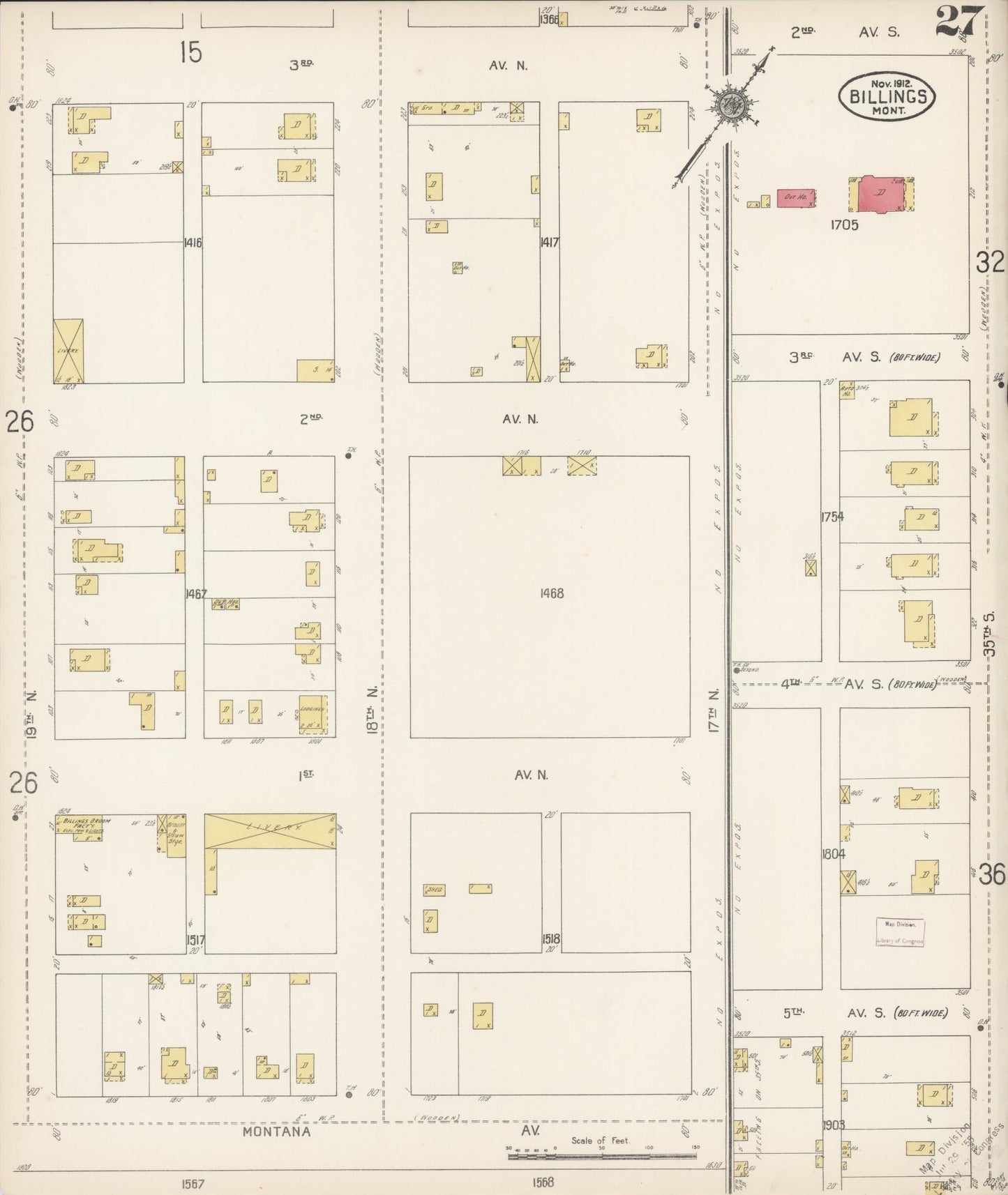 Sanborn Fire Insurance Map from Billings, Yellowstone County, Montana (1912), Sheet #0027 - Complete Map Set gallery image, historic Sanborn map, vintage wall art, Montana Montana