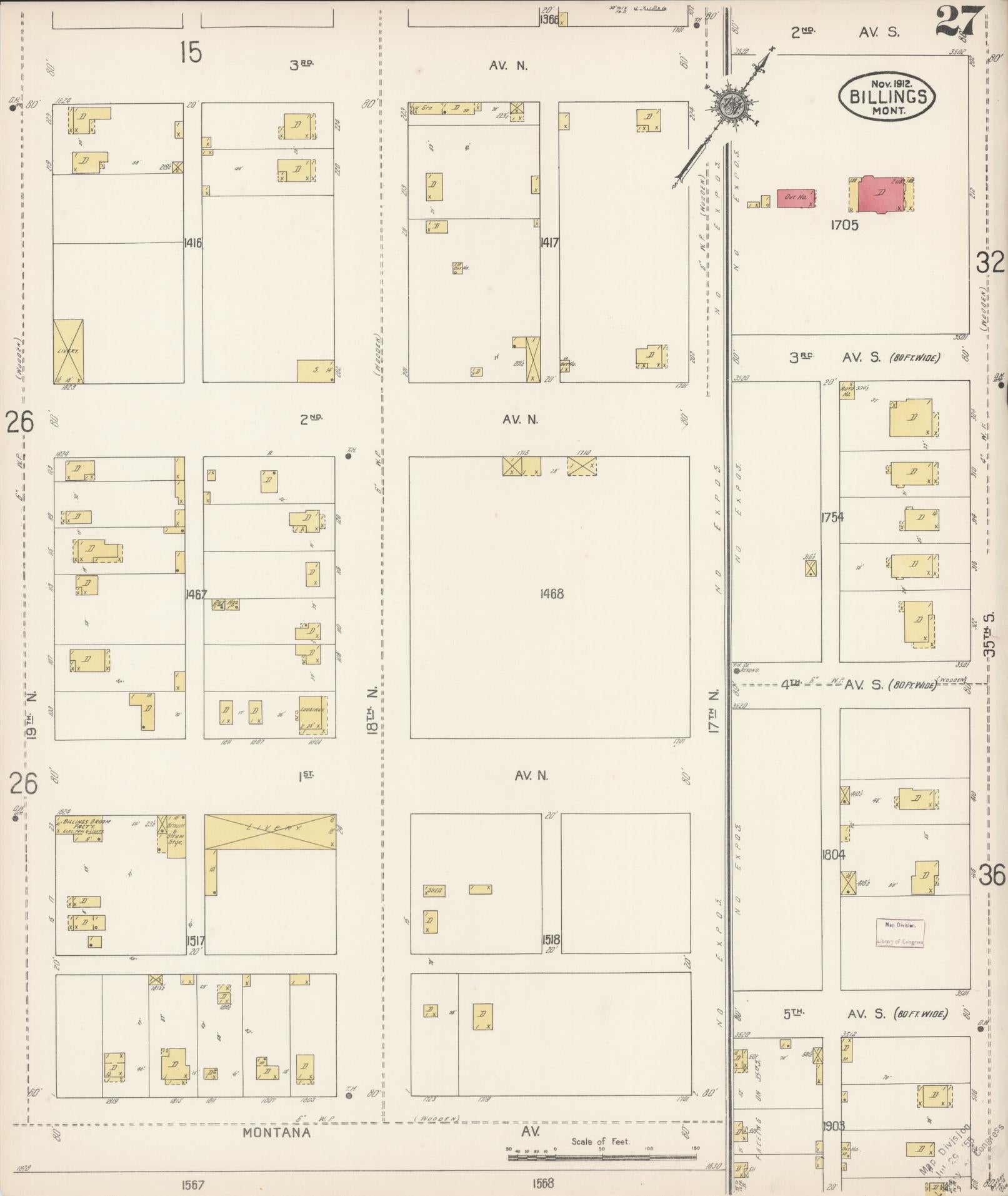 Sanborn Fire Insurance Map from Billings, Yellowstone County, Montana (1912), Sheet #0027 - Complete Map Set gallery image, historic Sanborn map, vintage wall art, Montana Montana