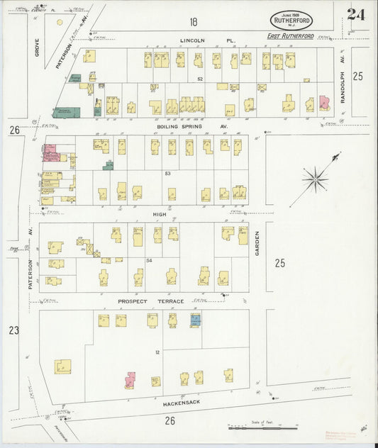 Sanborn Fire Insurance Map from Rutherford, Bergen County, New Jersey (1909), Sheet #0024 - Historic Sanborn Fire Insurance Map Print, vintage old map wall art, antique decor, genealogy gift, New Jersey New Jersey map