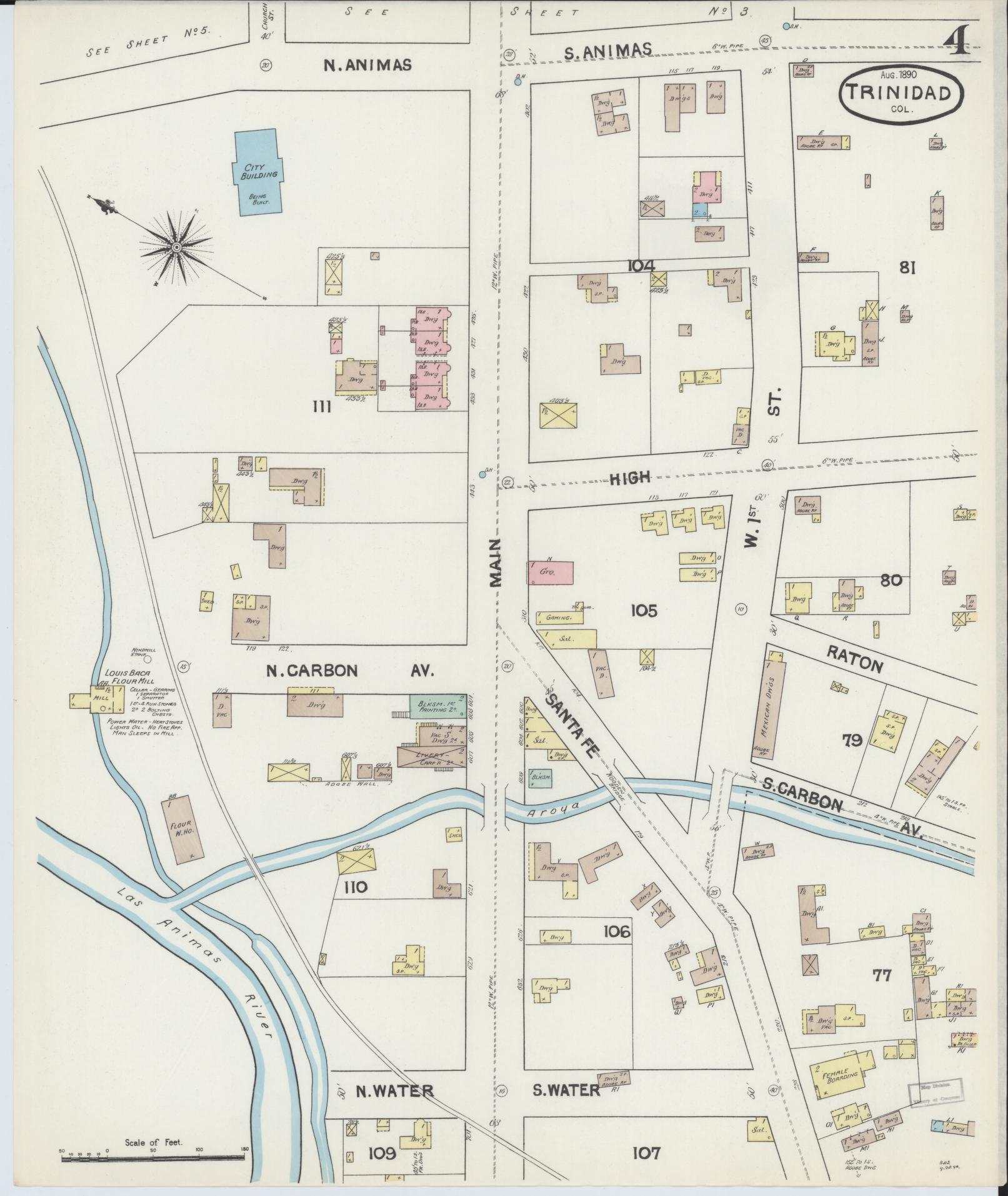 Sanborn Fire Insurance Map from Trinidad, Las Animas County, Colorado (1890), Sheet #0004 - Complete Map Set gallery image, historic Sanborn map, vintage wall art, Colorado Colorado