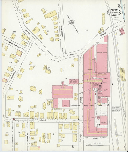 Sanborn Fire Insurance Map from Naugatuck, New Haven County, Connecticut (1910), Sheet #0005 - Historic Sanborn Fire Insurance Map Print, vintage old map wall art, antique decor, genealogy gift, Connecticut Connecticut map