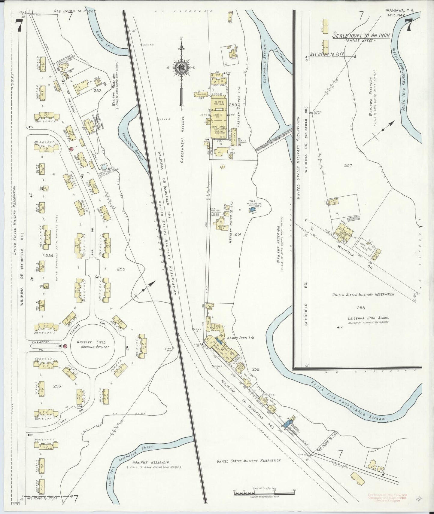 Sanborn Fire Insurance Map from Wahiawa, Honolulu County, Hawaii (1942), Sheet #0007 - Historic Sanborn Fire Insurance Map Print, vintage old map wall art, antique decor, genealogy gift, Hawaii Hawaii map