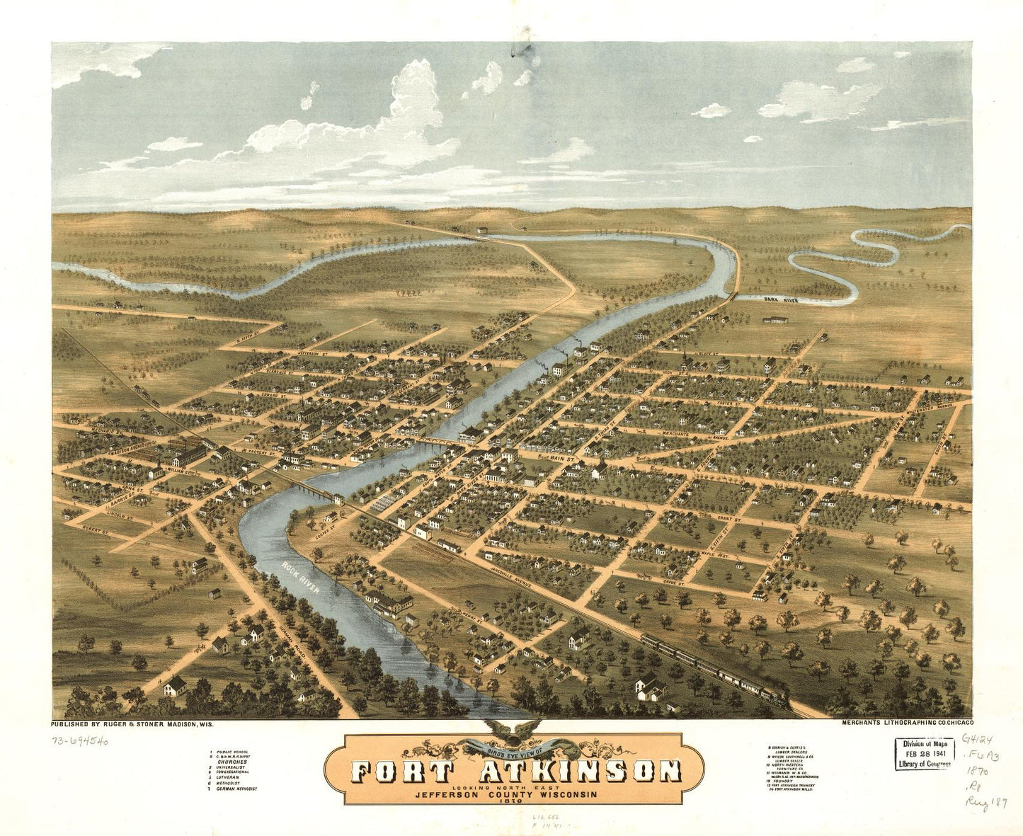 Bird's eye view of Fort Atkinson, Jefferson County, Wisconsin 1870. (1870) – Historic Bird’s-Eye View Panorama Print