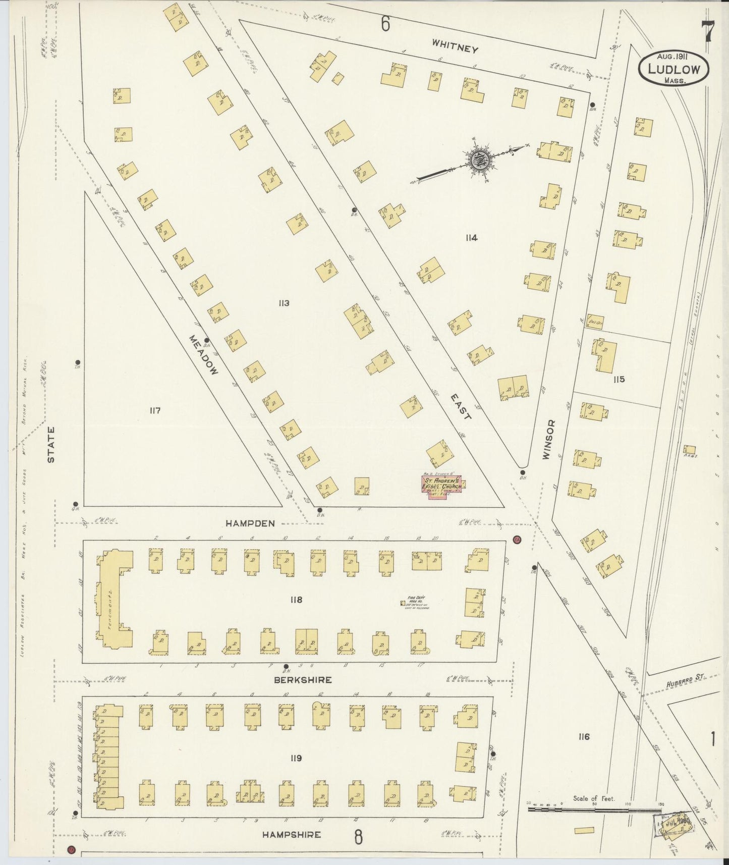 Sanborn Fire Insurance Map from Ludlow, Hampden County, Massachusetts (1911), Sheet #0007 - Historic Sanborn Fire Insurance Map Print, vintage old map wall art, antique decor, genealogy gift, Massachusetts Massachusetts map