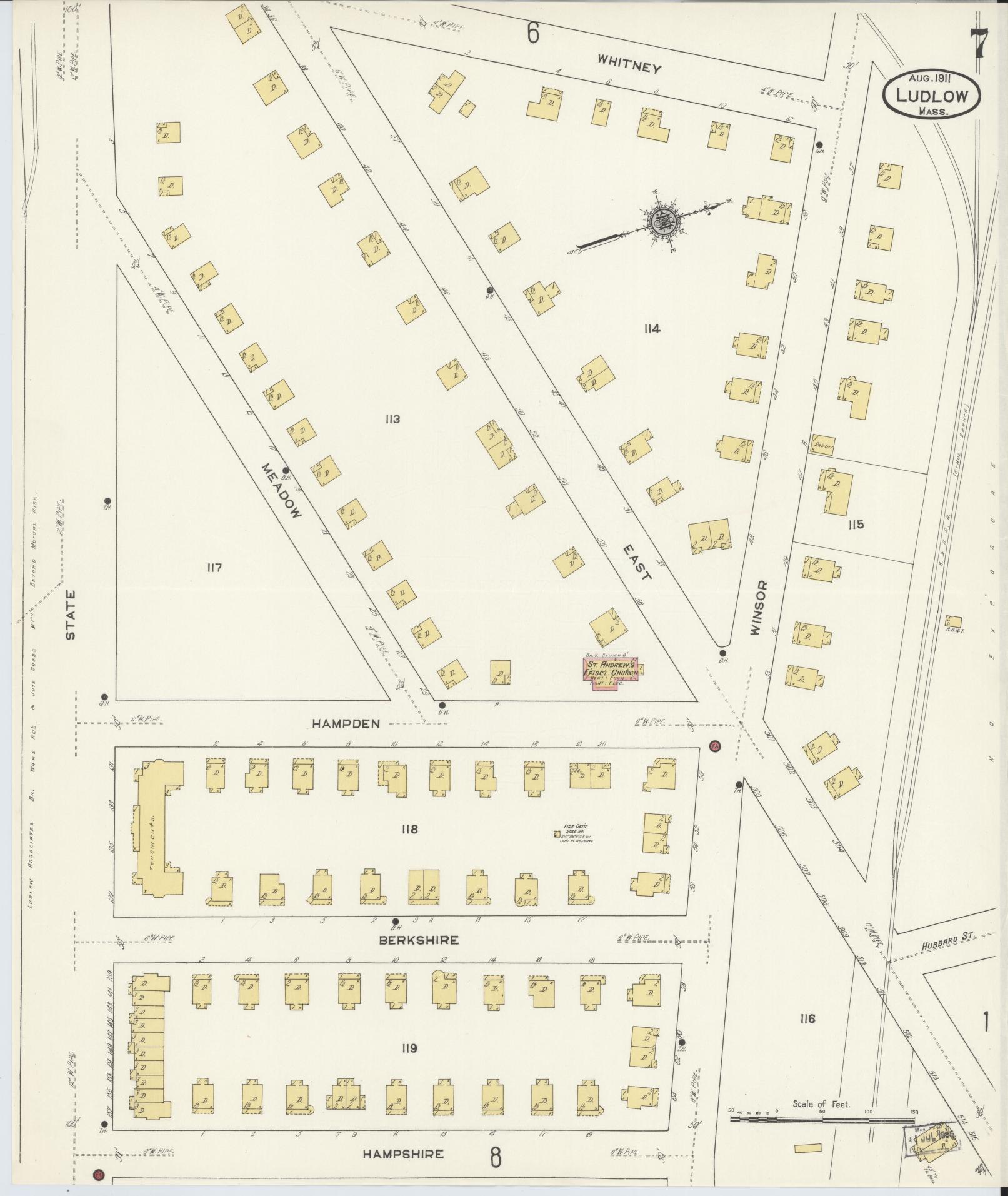 Sanborn Fire Insurance Map from Ludlow, Hampden County, Massachusetts (1911), Sheet #0007 - Historic Sanborn Fire Insurance Map Print, vintage old map wall art, antique decor, genealogy gift, Massachusetts Massachusetts map