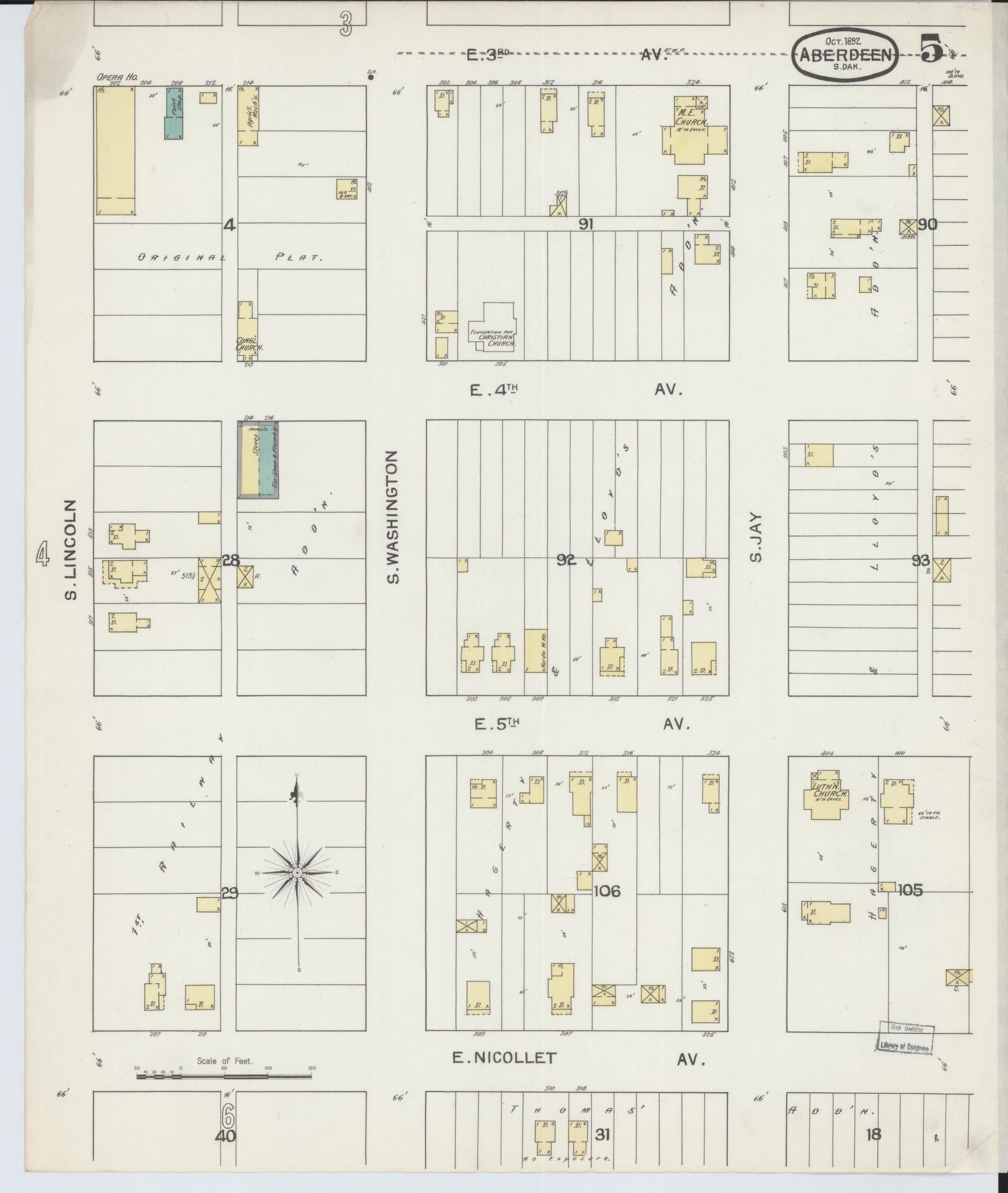 Sanborn Fire Insurance Map from Aberdeen, Brown County, South Dakota (1892), Sheet #0005 - Historic Sanborn Fire Insurance Map Print, vintage old map wall art, antique decor, genealogy gift, South Dakota South Dakota map