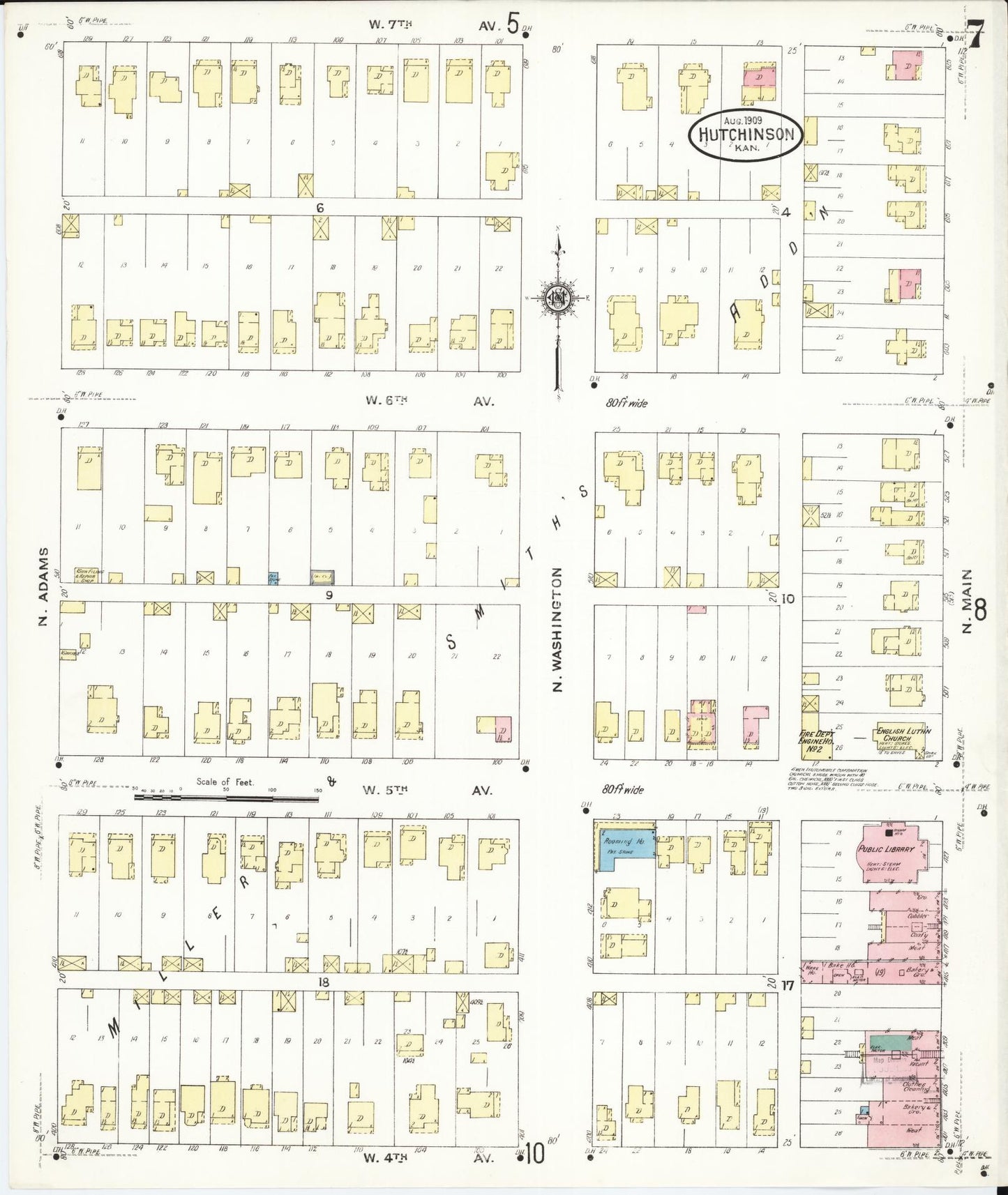 Sanborn Fire Insurance Map from Hutchinson, Reno County, Kansas (1909), Sheet #0007 - Historic Sanborn Fire Insurance Map Print, vintage old map wall art, antique decor, genealogy gift, Kansas Kansas map